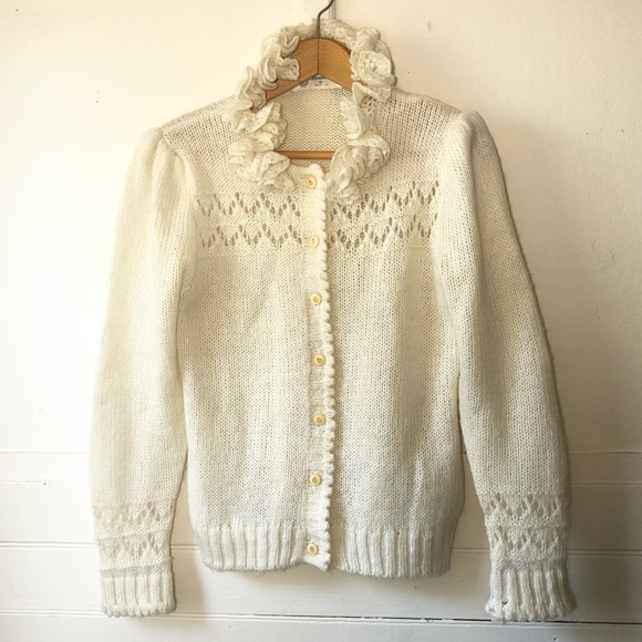 Vtg Puff Sleeve Pockets Ruffle Cut Work Knit Granny Grandma Cardigan Sweater S/M - Picture 13 of 17